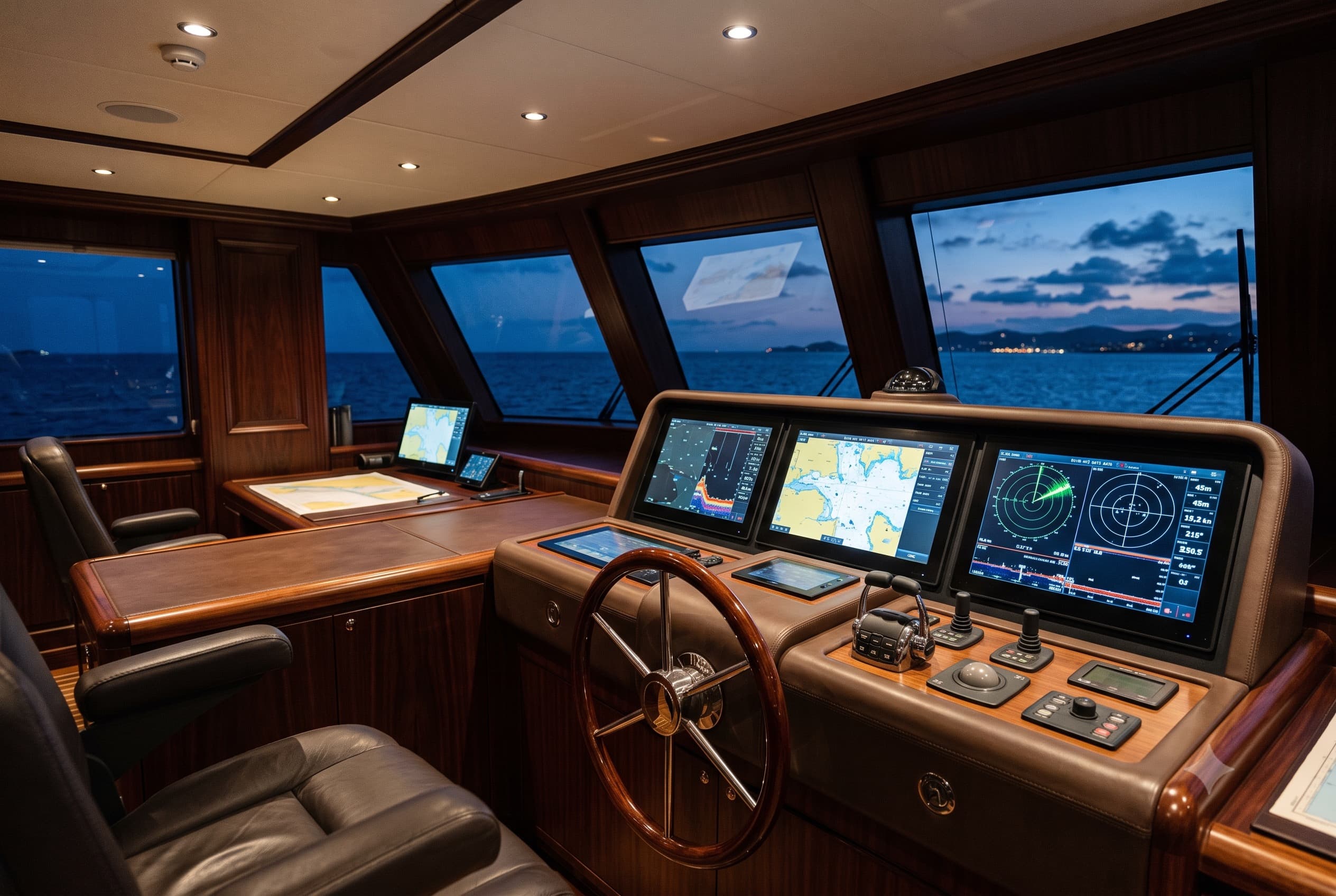 Yacht helm station with integrated navigation electronics