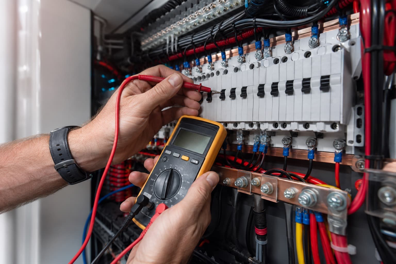 Marine electrician testing a distribution panel with a multimeter