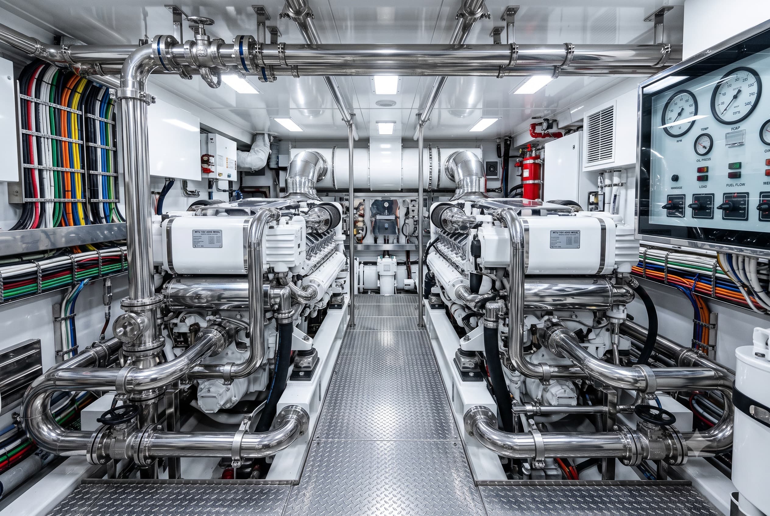 Polished marine engine room with twin diesel engines and pipework