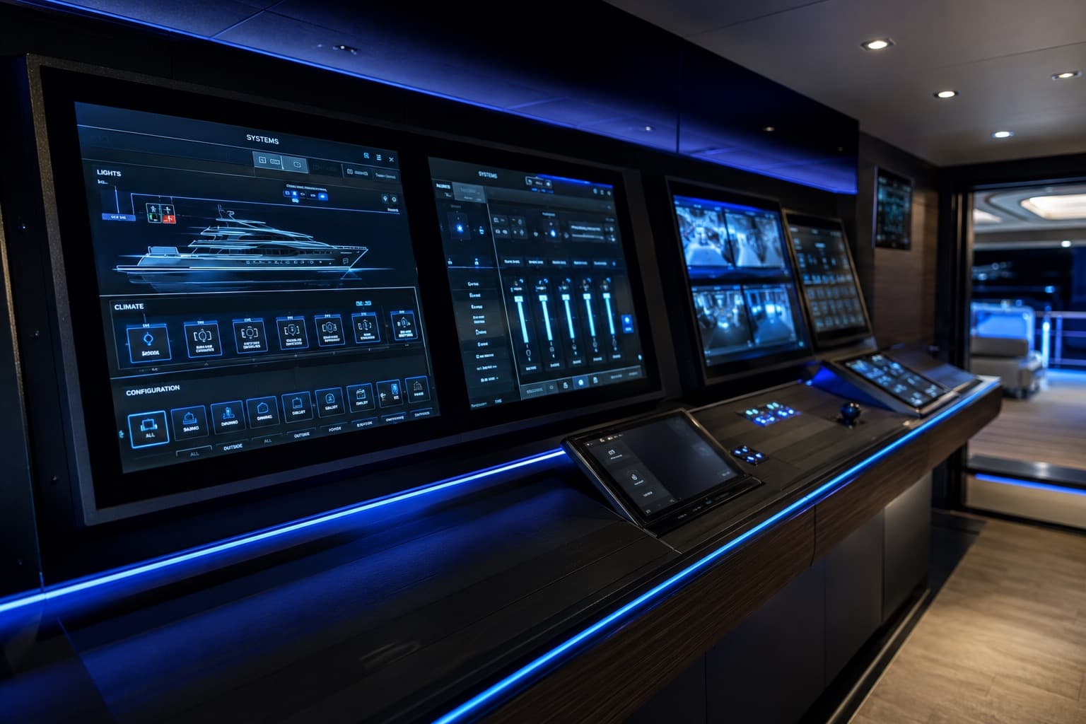 Onboard vessel systems control room with integrated touchscreen panels