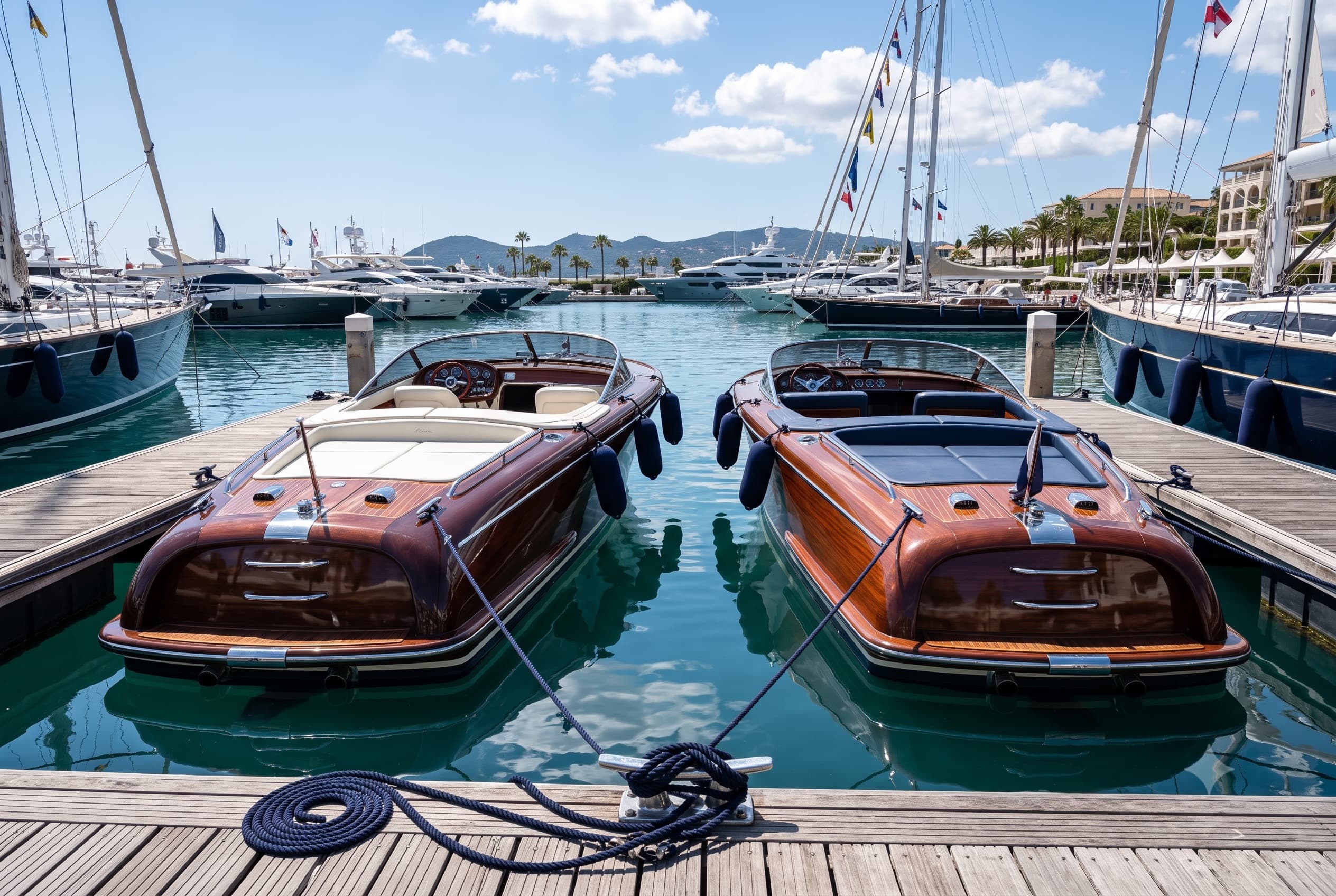 Two varnished-wood superyacht tenders moored side by side at a marina