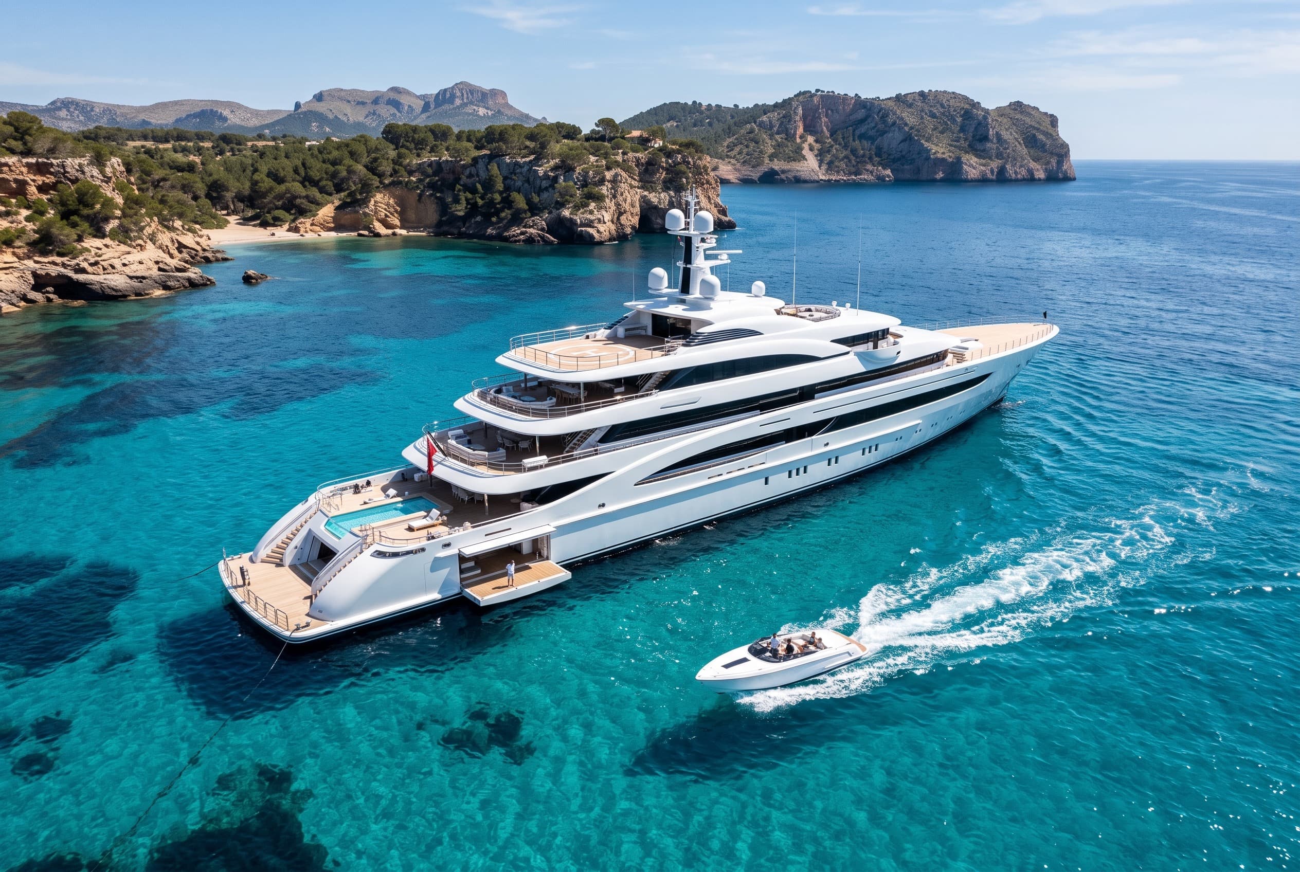 Aerial view of a tender alongside its superyacht, showing the scale of the vessel it serves